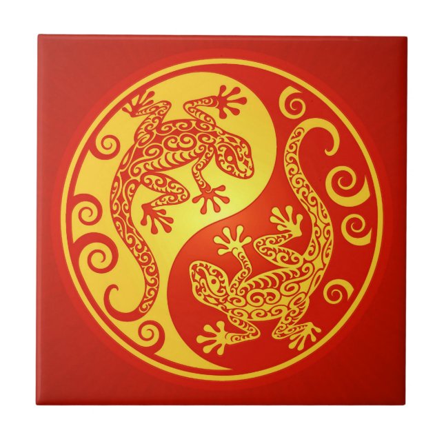 Azulejo De Cerámica Geckos rojos y amarillos de Yin Yang (Frente)