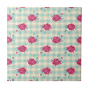 Azulejo De Cerámica gingham a cuadros y rosas chic de color rosa calie