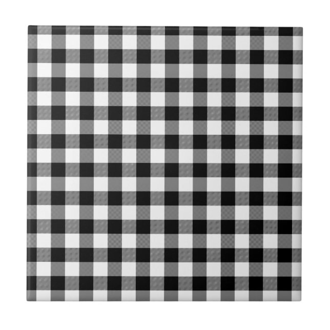 Azulejo De Cerámica Gingham en blanco y negro (Frente)