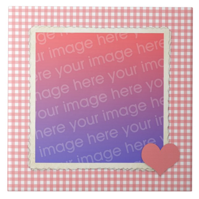 Azulejo De Cerámica Gingham rosa y blanco con marco cardíaco tu foto (Frente)