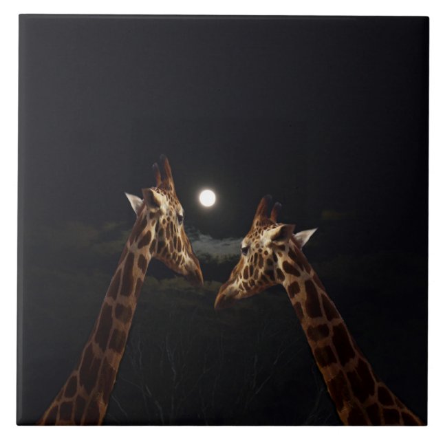 Azulejo De Cerámica Giraffe Love In The Moonlight, (Frente)