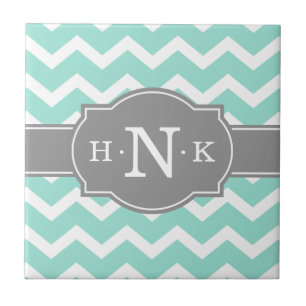 Azulejo De Cerámica Girly Mint Chevron Gray Monograma