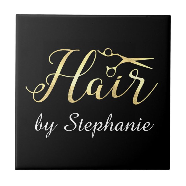 Azulejo De Cerámica Golden Script Scissors Hairstylist Hair Salon (Frente)