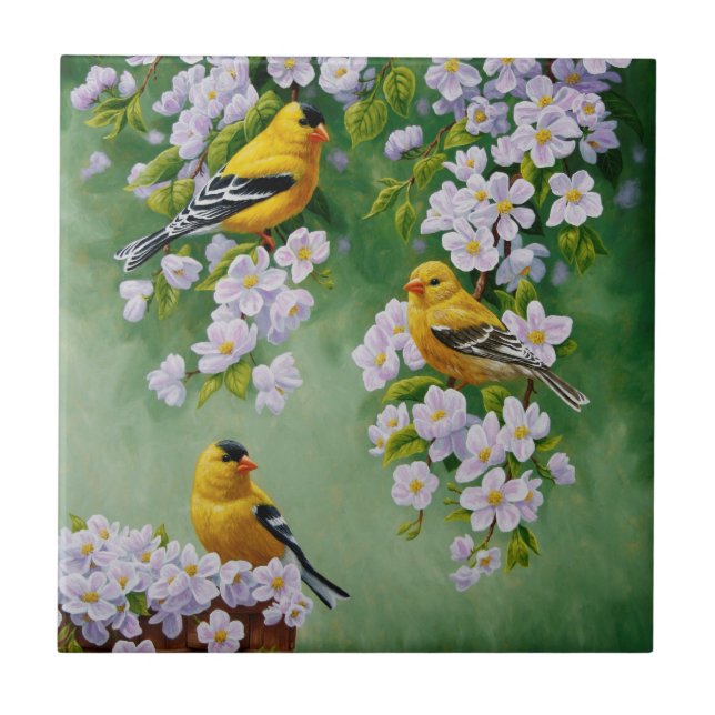 Azulejo De Cerámica Goldfinches y flores de Apple rosadas de Estados U (Frente)