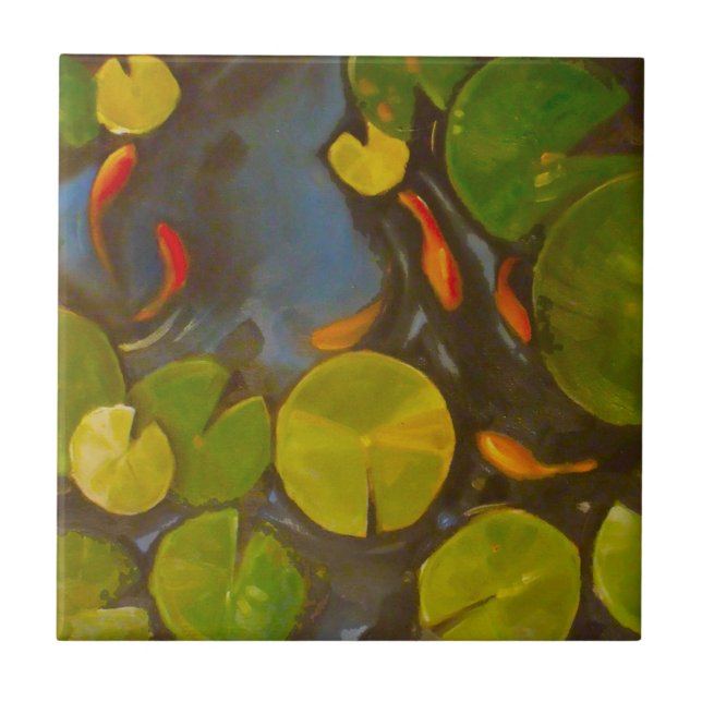 Azulejo De Cerámica Goldfish Koi Pond Water Lilies (Frente)