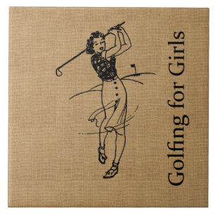 Azulejo De Cerámica Golfista del chica del vintage en la falsa