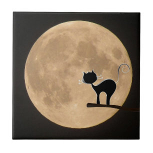Azulejo De Cerámica Gótico gato negro de Halloween con luna llena