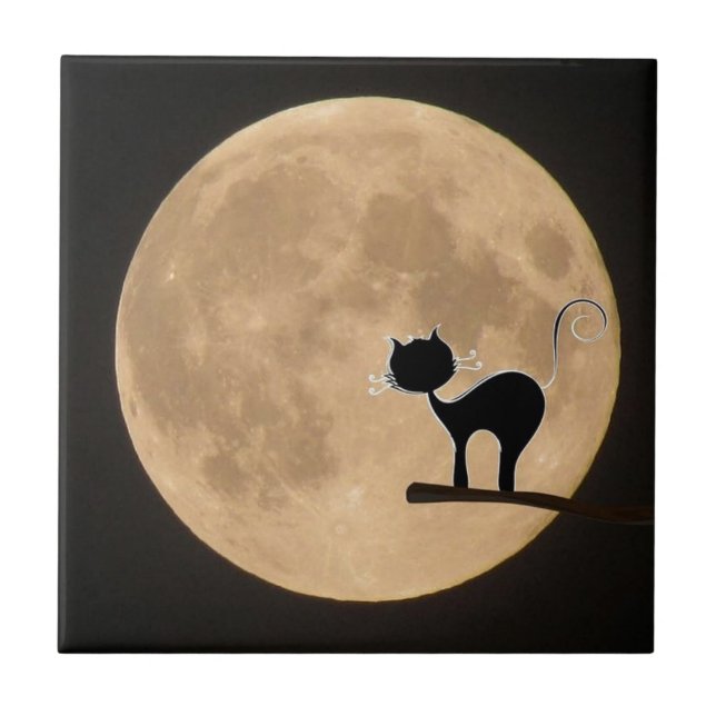 Azulejo De Cerámica Gótico gato negro de Halloween con luna llena (Frente)
