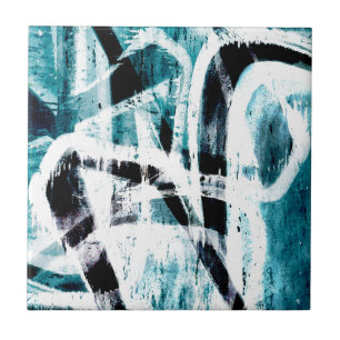 Azulejo De Cerámica Graffiti negro y azul abstracto