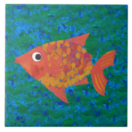 Azulejo De Cerámica Gran pescado caprichoso sobre fondo verde azul