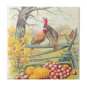 Azulejo De Cerámica Granja de Pavos Calabaza Manzanas Árbol Hojas de O
