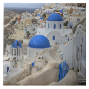 Azulejo De Cerámica Grecia, Santorini. Campanario y cúpulas azules de