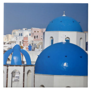 Azulejo De Cerámica Grecia, Santorini. Campanario y cúpulas azules de