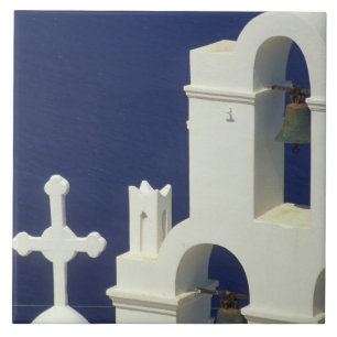 Azulejo De Cerámica Grecia, Santorini. Vista de una iglesia griega y