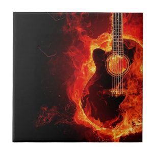 Azulejo De Cerámica Guitarra en llamas, banda de rock musical de llama