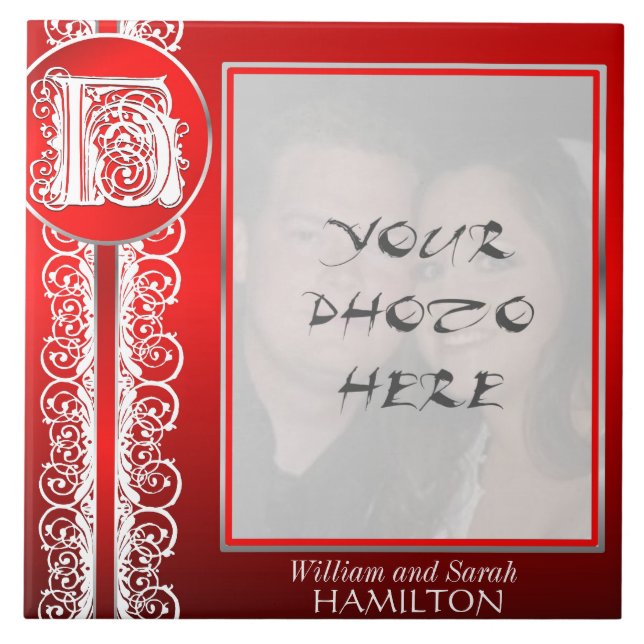 Azulejo De Cerámica H Monograma "Blanco encaje sobre rojo" con foto -  (Frente)