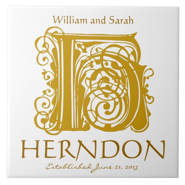 Azulejo De Cerámica H Monograma dorado sobre blanco - Nombres Boda de  (Frente)