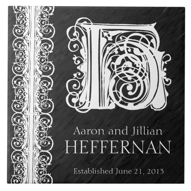 Azulejo De Cerámica H Monograma "Lazo blanco sobre negro" Boda Tile (Frente)