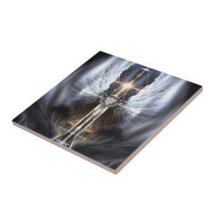 Azulejo De Cerámica Heavenly Angel Wing Cross Fractal Art Tile