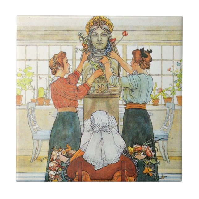 Azulejo De Cerámica Hermanas decorando para vacaciones (Frente)