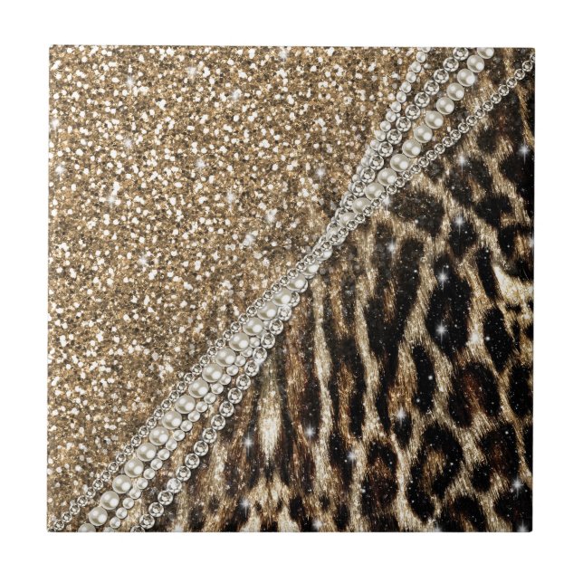 Azulejo De Cerámica Hermosa Moda Girly Leopard Print Gold Purpurina (Frente)