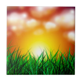 Azulejo De Cerámica Hermoso amanecer sobre un campo de hierba