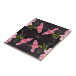 Azulejo De Cerámica Hibiscus rosado en negro
