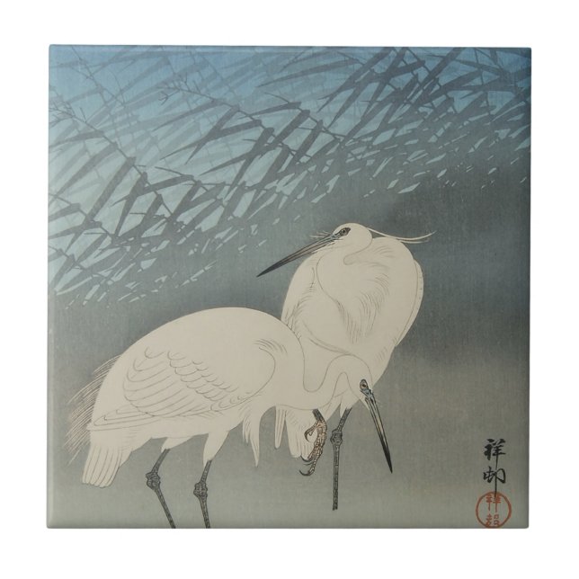 Azulejo De Cerámica Hierbas blancas y luna, Ohara Koson (Frente)
