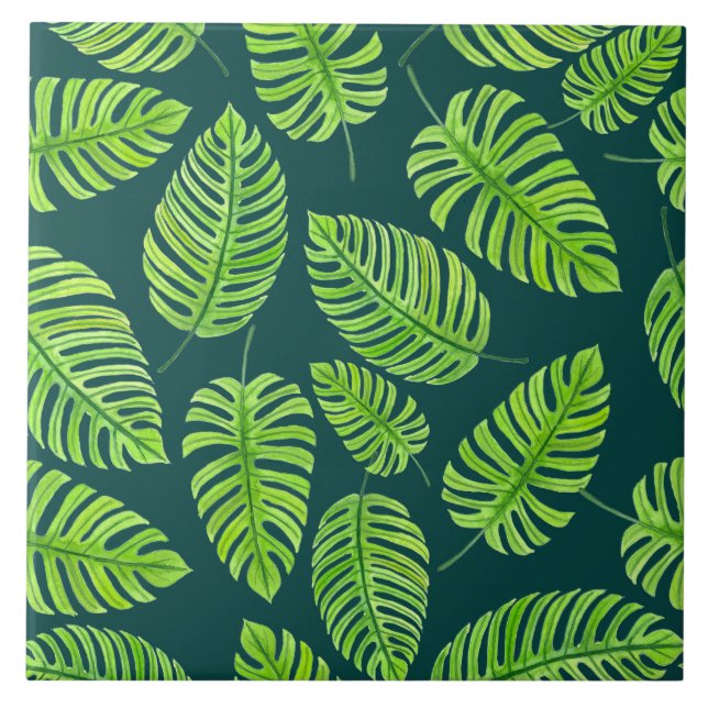Azulejo De Cerámica Hojas de monstera, patrón de acuarela tropical (Frente)