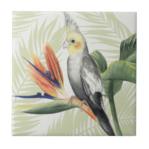 Azulejo De Cerámica Hojas de palma con pájaro negro