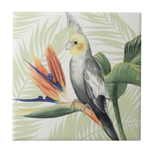 Azulejo De Cerámica Hojas de palma con pájaro negro (Frente)