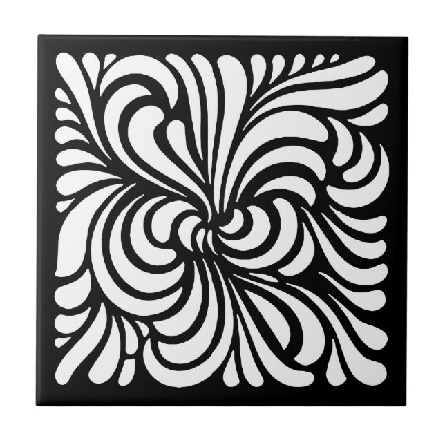Azulejo De Cerámica Hojas estilizadas de Art Nouveau, negro y blanco (Frente)