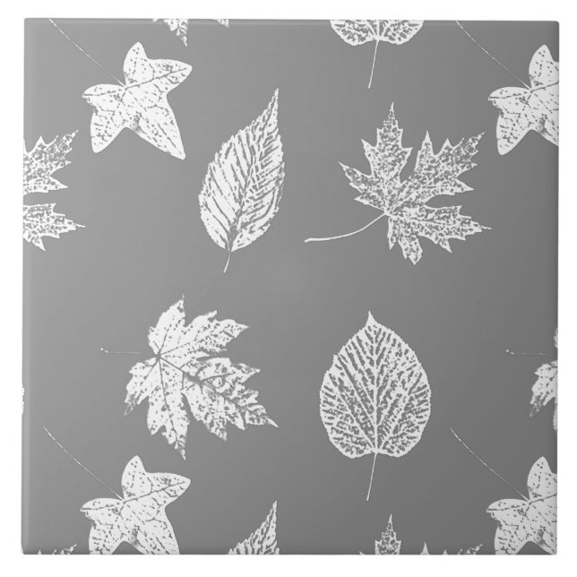 Azulejo De Cerámica Hojas otoñales - gris plateado y blanco (Frente)