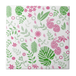 Azulejo De Cerámica Hojas verdes y rosas y flores