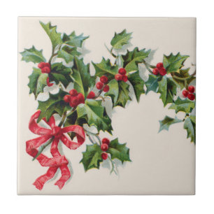Azulejo De Cerámica Holly Winterberry Red Ribbon