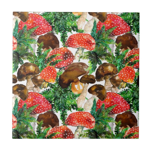 Azulejo De Cerámica Hongos acuarelas y patrón de helecho verde (Frente)