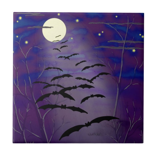 Azulejo De Cerámica Hora de baño con luna amarilla completa y murciéla (Frente)