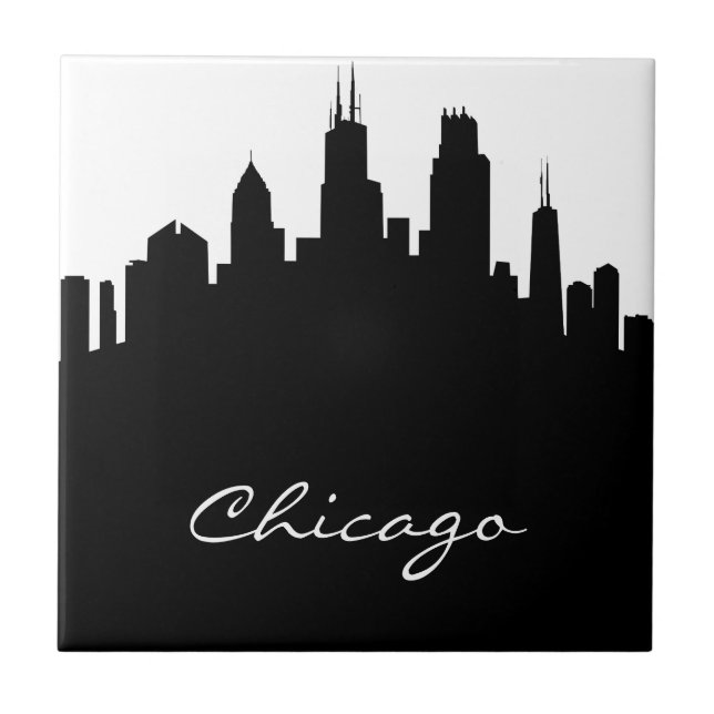 Azulejo De Cerámica Horizonte blanco y negro de Chicago (Frente)