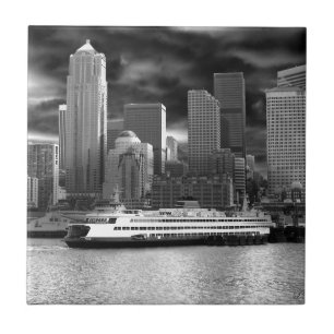 Azulejo De Cerámica horizonte de Seattle blanco y negro