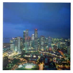 Azulejo De Cerámica Horizonte de Singapur por la noche, Singapur