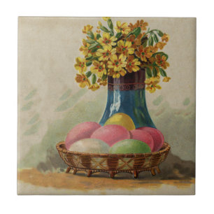 Azulejo De Cerámica Huevos Flores Canasta Pascua Antiguo