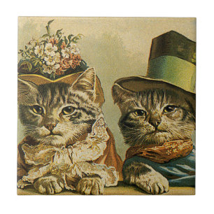 Azulejo De Cerámica Humor Antiguo, Novios Victorianos Gatos con Sombre