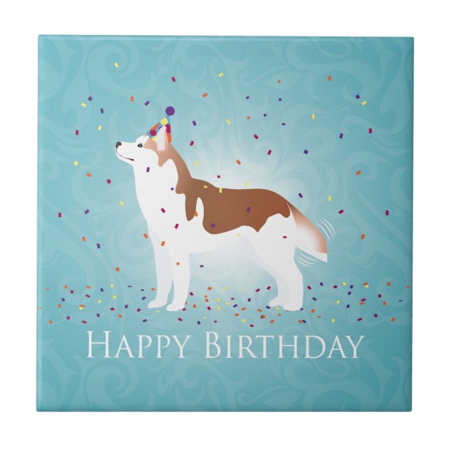 Azulejo De Cerámica Husky Siberiano - Rojo - Feliz diseño de cumpleaño (Frente)