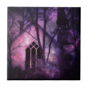 Azulejo De Cerámica Iglesia abandonada Morada Noche Cielo Arte Digital