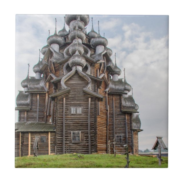 Azulejo De Cerámica Iglesia de madera ornamentada, Rusia (Frente)