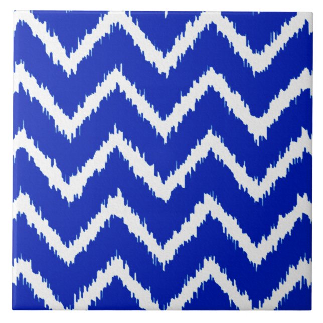 Azulejo De Cerámica Ikat Chevrons - azul cobalto y blanco (Frente)