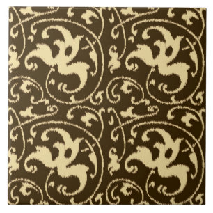 Azulejo De Cerámica Ikat Floral Damask - Chocolate Marrón y Beige