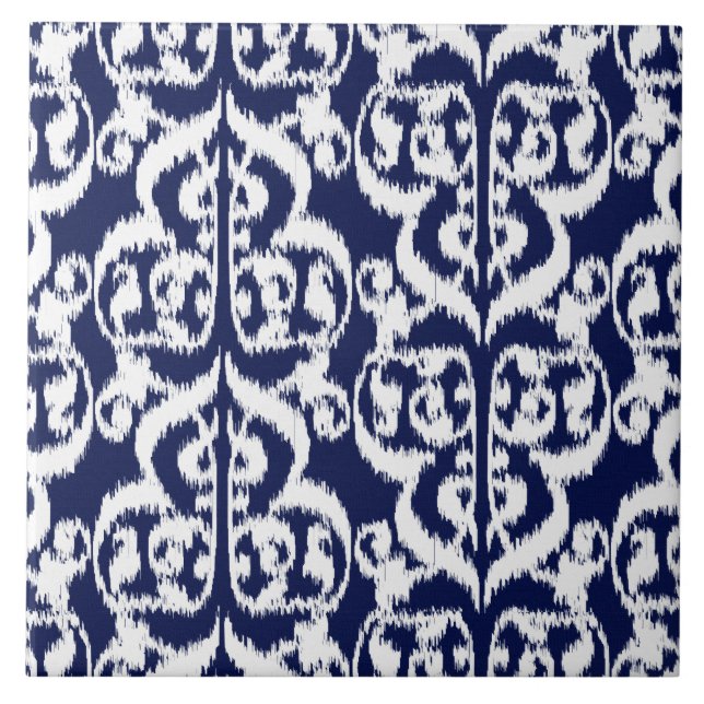 Azulejo De Cerámica Ikat Moorish Damask - añil y blanco (Frente)