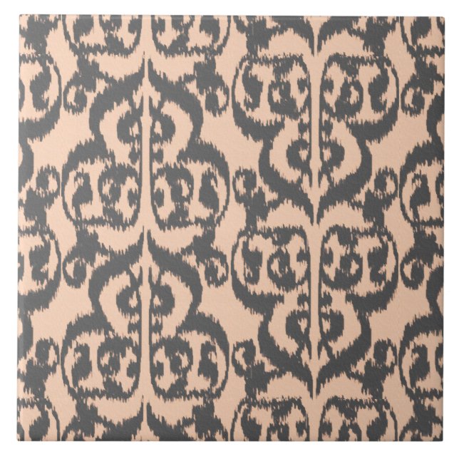 Azulejo De Cerámica Ikat Moorish Damask - gris de melocotón y carbón v (Frente)