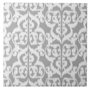 Azulejo De Cerámica Ikat Moorish Damask - gris plateado y blanco
